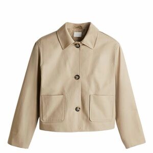 Twill Cropped Beige Button-Front Jacket with collar